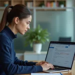 Étudiante configurant des filtres de messagerie Zimbra sur un ordinateur portable dans un espace de travail universitaire moderne