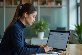 Étudiante configurant des filtres de messagerie Zimbra sur un ordinateur portable dans un espace de travail universitaire moderne