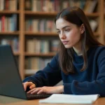 Étudiante se connectant à son webmail académique sur un ordinateur portable dans une bibliothèque universitaire