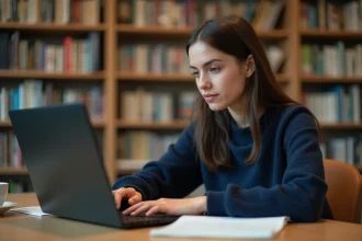 Étudiante se connectant à son webmail académique sur un ordinateur portable dans une bibliothèque universitaire