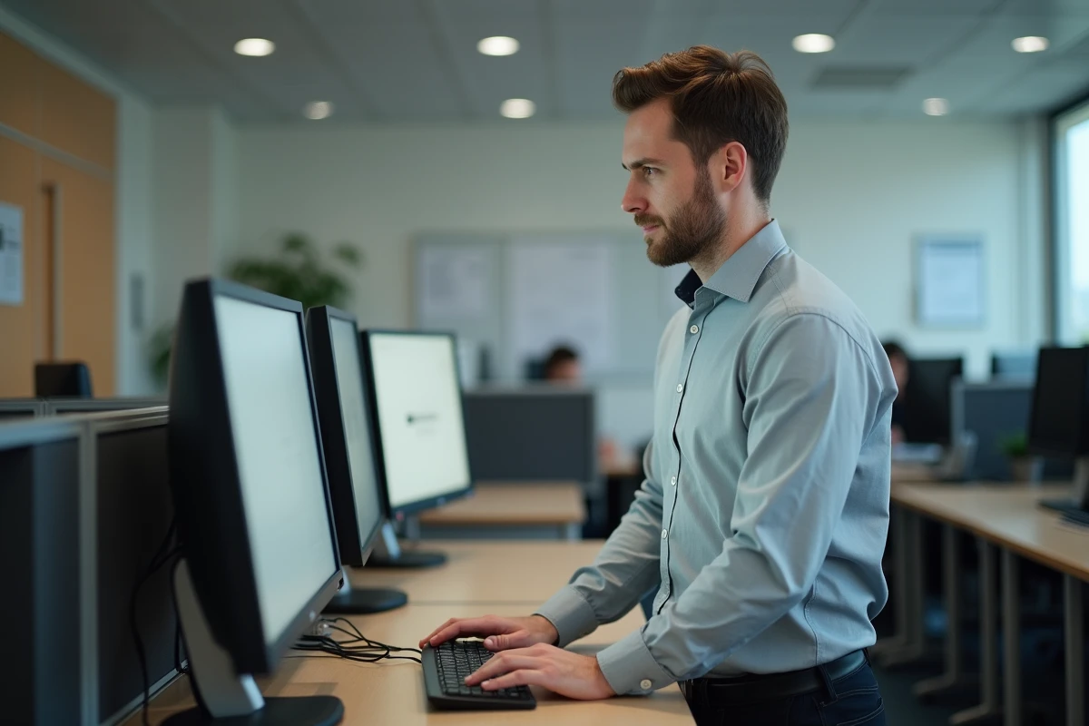 Agent administratif de l'académie accédant à l'espace numérique de travail Webversailles sur un poste informatique sécurisé