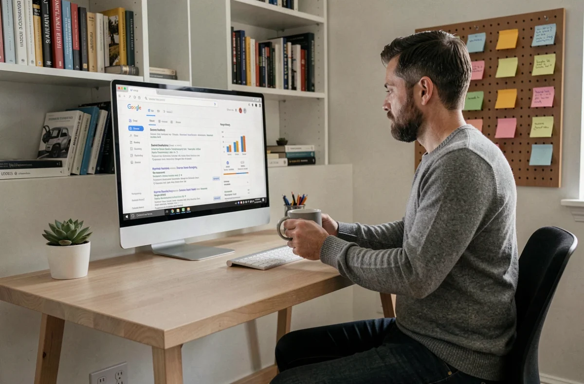 Consultant SEO indépendant travaillant depuis son bureau à domicile sur un audit Google avec données de référencement visibles à l'écran