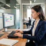Consultante SEO freelance analysant un audit de référencement sur deux écrans dans un espace de co-working professionnel