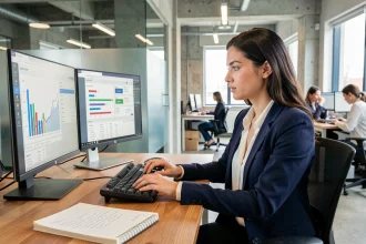 Consultante SEO freelance analysant un audit de référencement sur deux écrans dans un espace de co-working professionnel