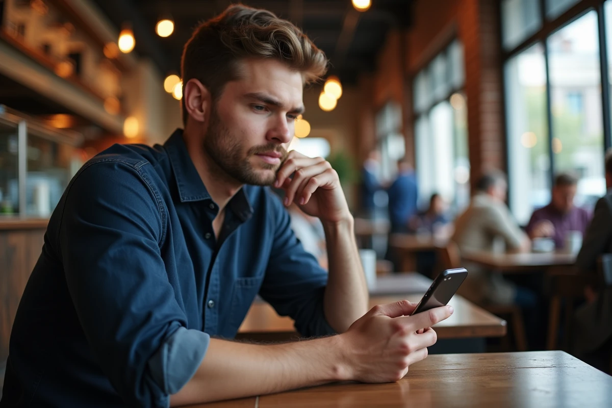 Homme consultant un compte Instagram sur smartphone dans un café urbain avec une expression sceptique