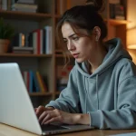 Jeune femme consultant un profil Instagram anonyme sur son ordinateur portable depuis son bureau à domicile