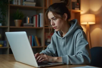 Jeune femme consultant un profil Instagram anonyme sur son ordinateur portable depuis son bureau à domicile
