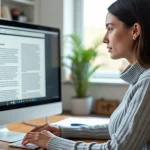 Femme utilisant LibreOffice sur un ordinateur de bureau pour convertir un fichier ODT en DOCX