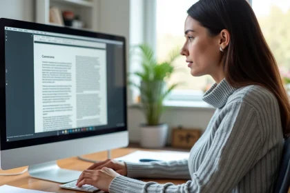 Femme utilisant LibreOffice sur un ordinateur de bureau pour convertir un fichier ODT en DOCX