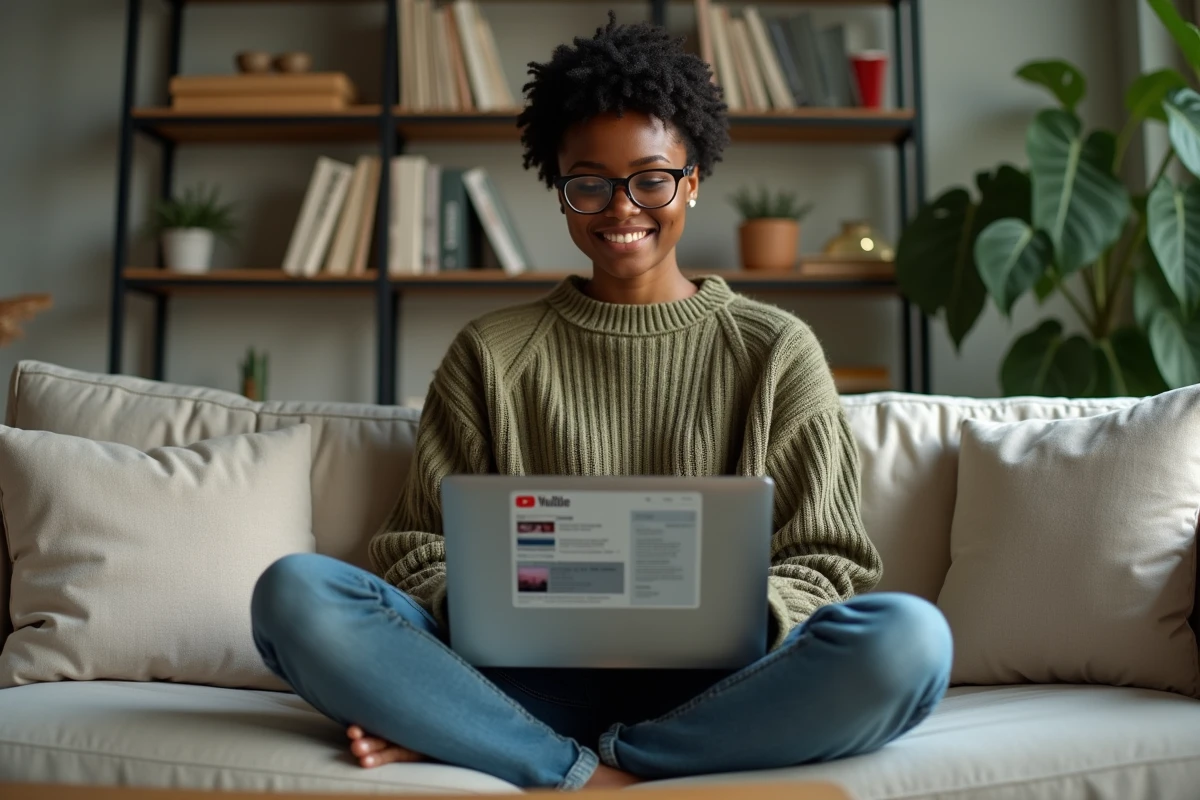 Femme convertissant une vidéo YouTube en fichier WAV haute résolution sur ordinateur portable dans salon minimaliste