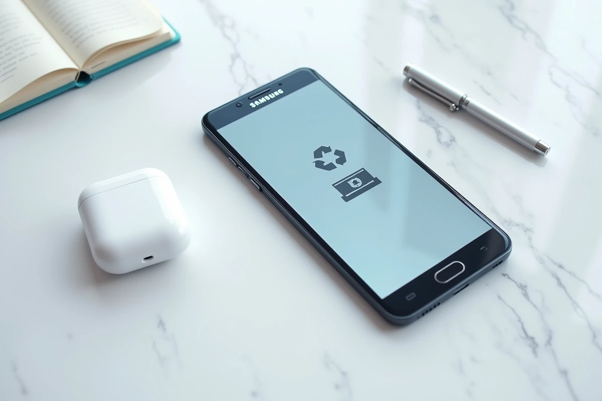 Smartphone Samsung posé sur marbre affichant l'interface de la corbeille pour libérer de la mémoire