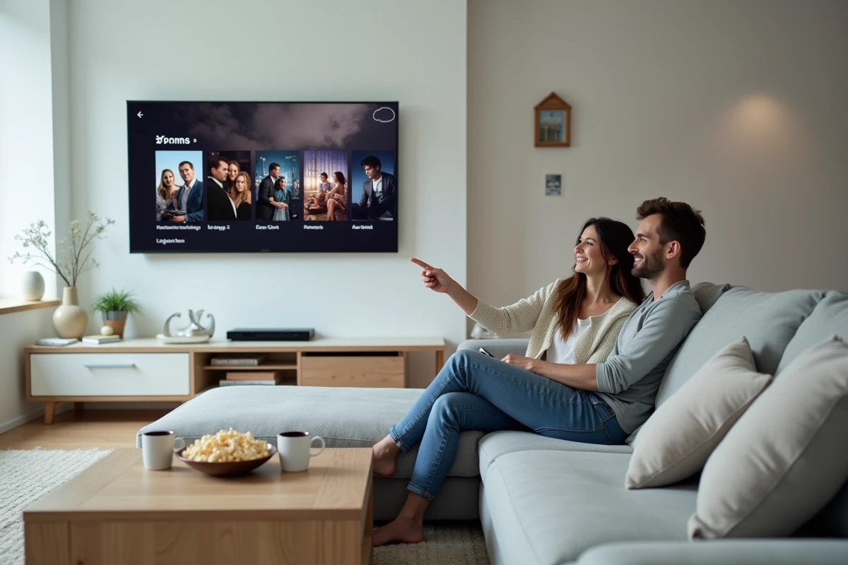 Couple choisissant ensemble une série à regarder sur leur télévision dans un salon contemporain