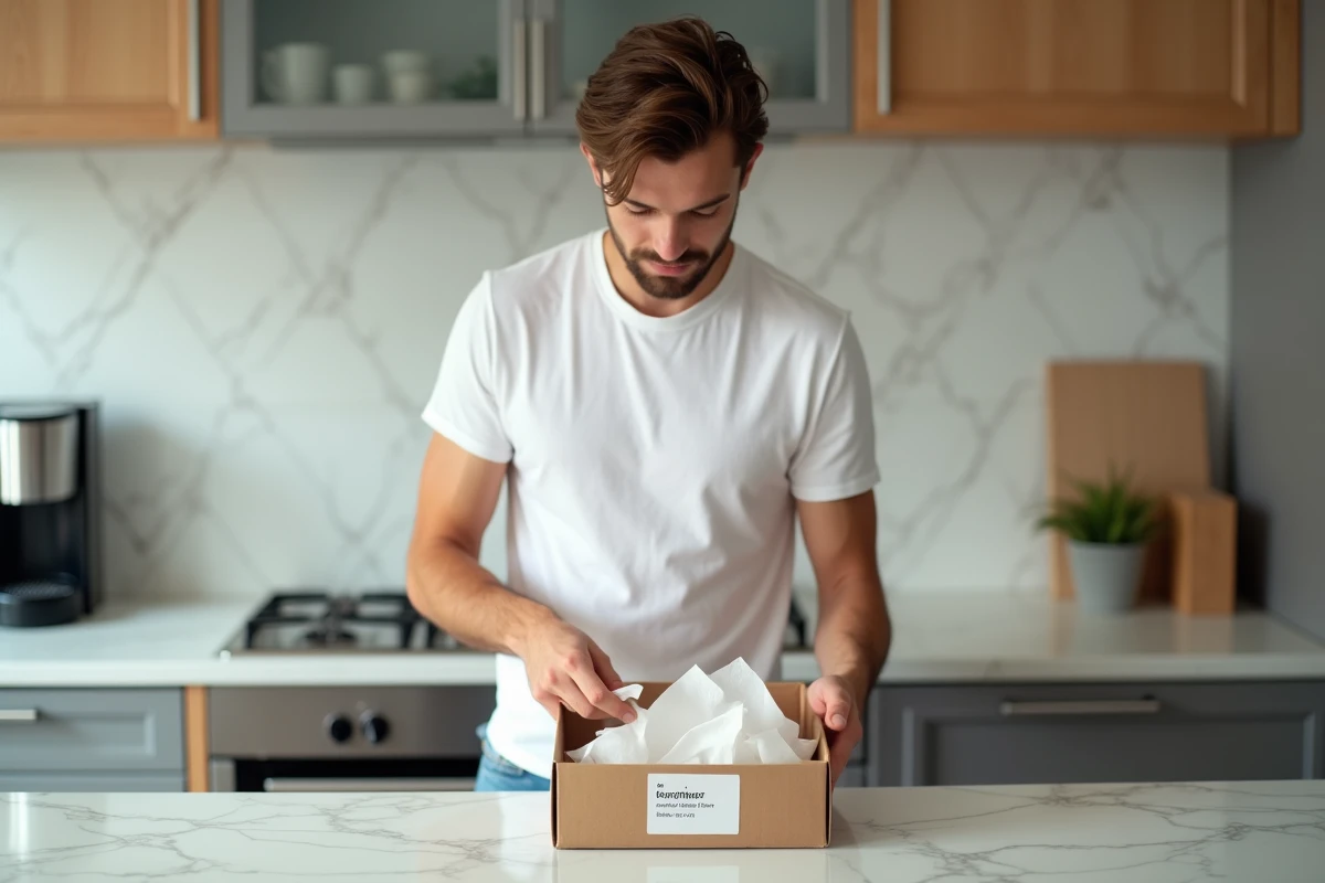Jeune homme déballant un colis e-commerce reçu dans sa cuisine moderne avec une carte de retour visible