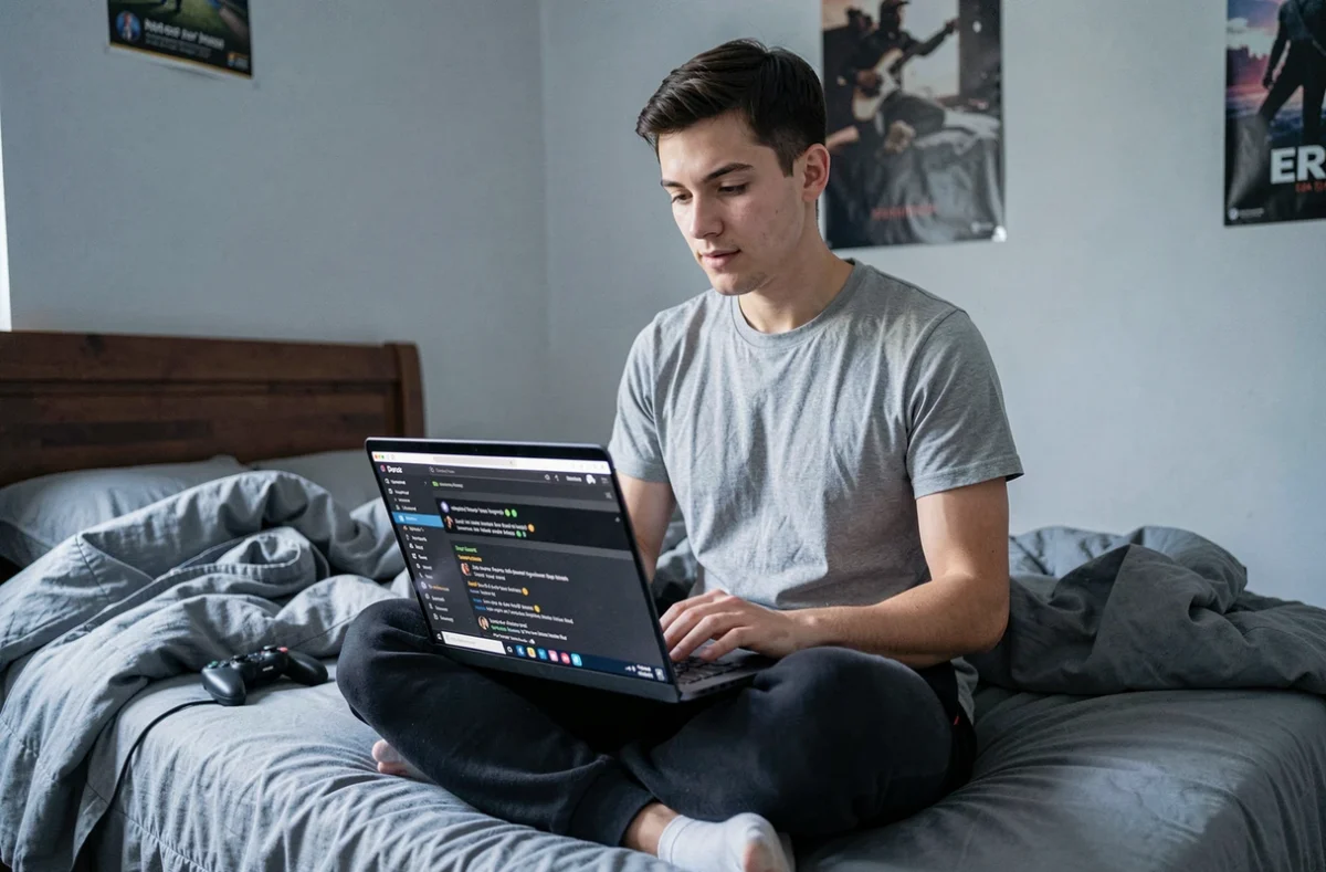 Jeune homme débutant qui apprend les codes d'un serveur Discord RP allongé sur son lit avec un ordinateur portable