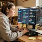 Jeune femme découvrant un serveur Discord de roleplay sur son ordinateur, vocabulaire RP affiché à l'écran