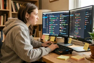 Jeune femme découvrant un serveur Discord de roleplay sur son ordinateur, vocabulaire RP affiché à l'écran