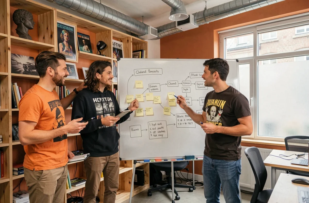 Équipe du studio Dernier Cri à Lille collaborant autour d'un tableau blanc couvert de wireframes et de prototypes