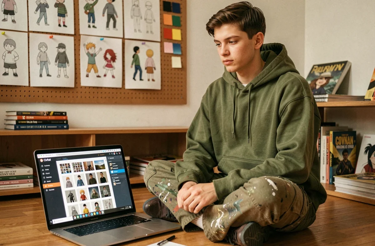 Designer graphique téléchargeant ses illustrations personnelles sur la plateforme Civitai pour créer un modèle IA à son style
