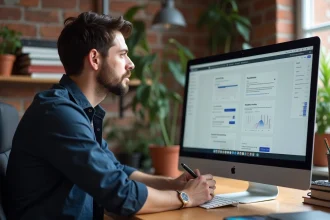 Designer web indépendant travaillant sur un site WordPress dans un studio créatif chaleureux
