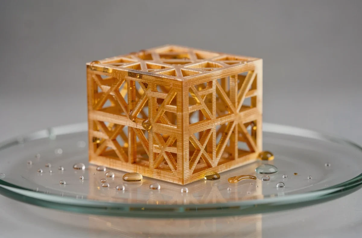 Gros plan sur une pièce imprimée en résine photopolymère montrant les détails fins et la texture translucide caractéristique de l'impression 3D résine