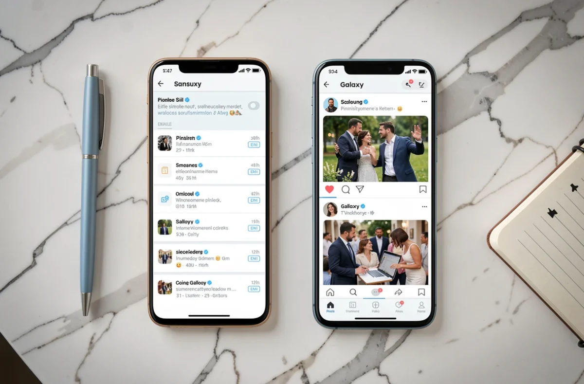 Vue de dessus de deux smartphones Samsung Galaxy posés sur marbre blanc illustrant la gestion séparée des lignes professionnelle et personnelle