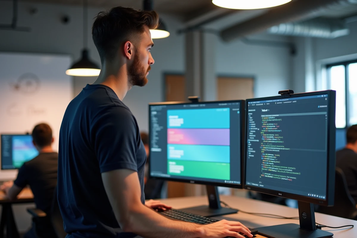 Développeur debout devant deux écrans affichant des maquettes CSS avec superposition de calques et z-index dans un bureau moderne