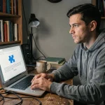 Développeur informatique regardant une page d'erreur de plugin navigateur sur un ancien ordinateur portable, symbolisant la disparition de Silverlight