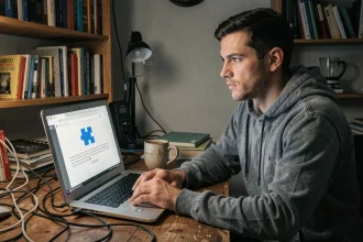 Développeur informatique regardant une page d'erreur de plugin navigateur sur un ancien ordinateur portable, symbolisant la disparition de Silverlight
