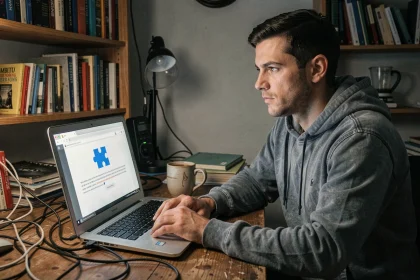 Développeur informatique regardant une page d'erreur de plugin navigateur sur un ancien ordinateur portable, symbolisant la disparition de Silverlight