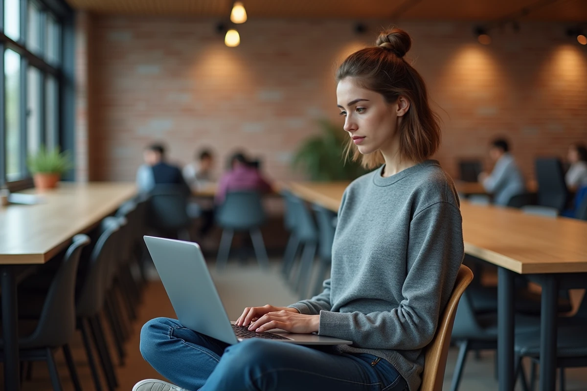 Développeuse FiveM vérifiant la migration de licence serveur sur son ordinateur portable dans un espace de coworking