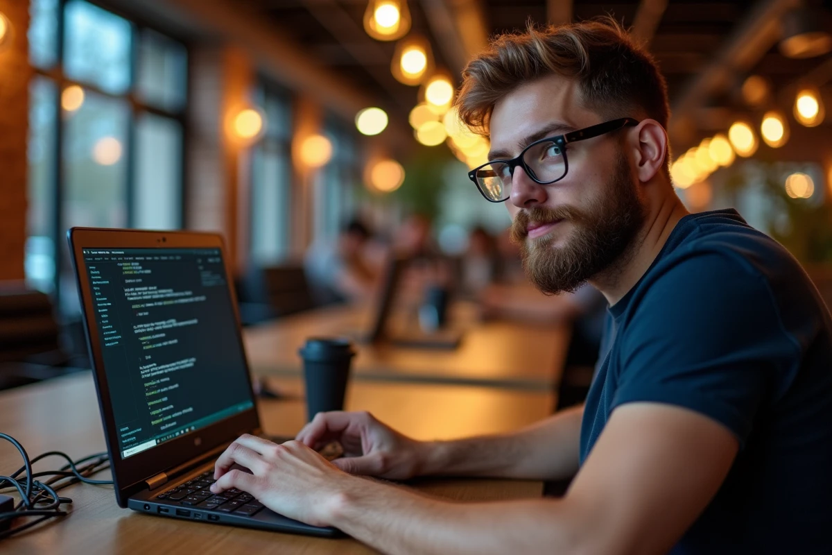 Développeur Python créant la structure d'un module avec fichier __init__.py dans un espace de coworking