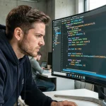 Développeur Python analysant du code XML sur un grand écran pour identifier des failles de sécurité dans le parsing
