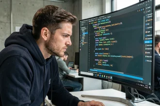 Développeur Python analysant du code XML sur un grand écran pour identifier des failles de sécurité dans le parsing