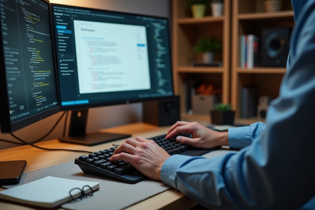 Développeur WordPress en train de coder un thème sur mesure dans un bureau calme et organisé