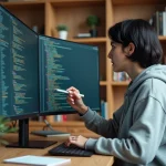 Développeuse Python analysant la structure d'un module Python sur écran double dans un bureau à domicile moderne