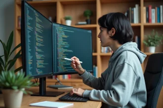 Développeuse Python analysant la structure d'un module Python sur écran double dans un bureau à domicile moderne