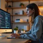 Développeuse web concentrée sur du code CSS avec propriétés z-index et positionnement absolu affichées sur un grand écran