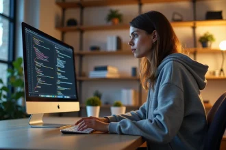 Développeuse web concentrée sur du code CSS avec propriétés z-index et positionnement absolu affichées sur un grand écran