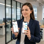 Femme professionnelle tenant deux smartphones avec applications pro et perso côte à côte dans un bureau moderne