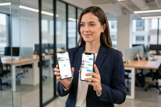 Femme professionnelle tenant deux smartphones avec applications pro et perso côte à côte dans un bureau moderne