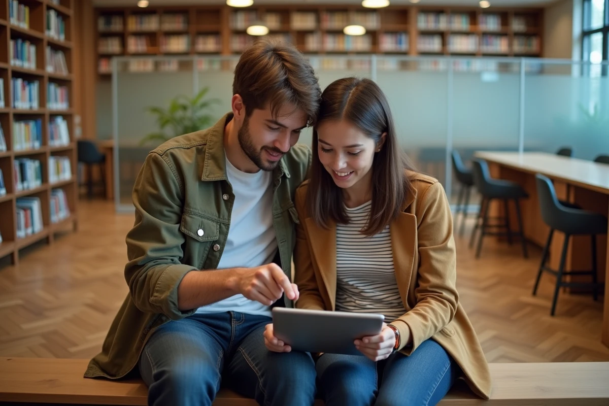 Deux jeunes adultes collaborant autour d'une tablette dans une bibliothèque pour comprendre une nouvelle méthode d'apprentissage