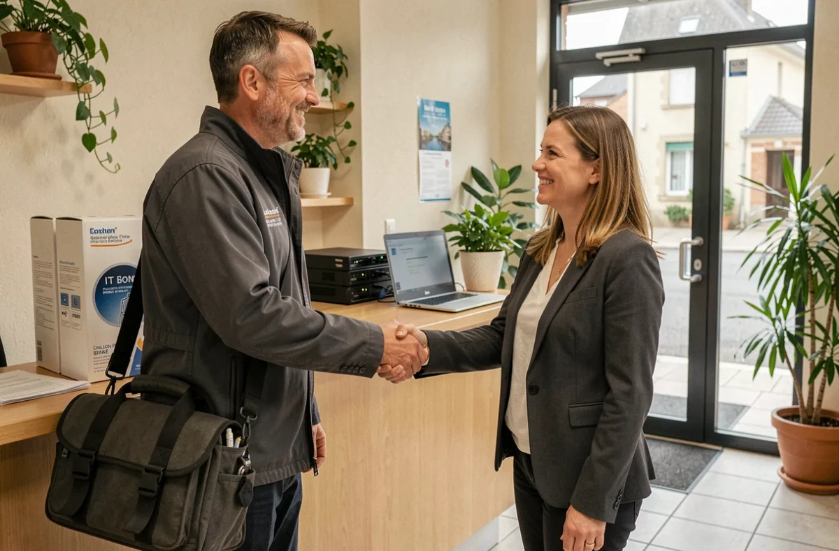 Technicien Easy Service Informatique serrant la main d'une responsable de bureau lors d'une intervention en entreprise