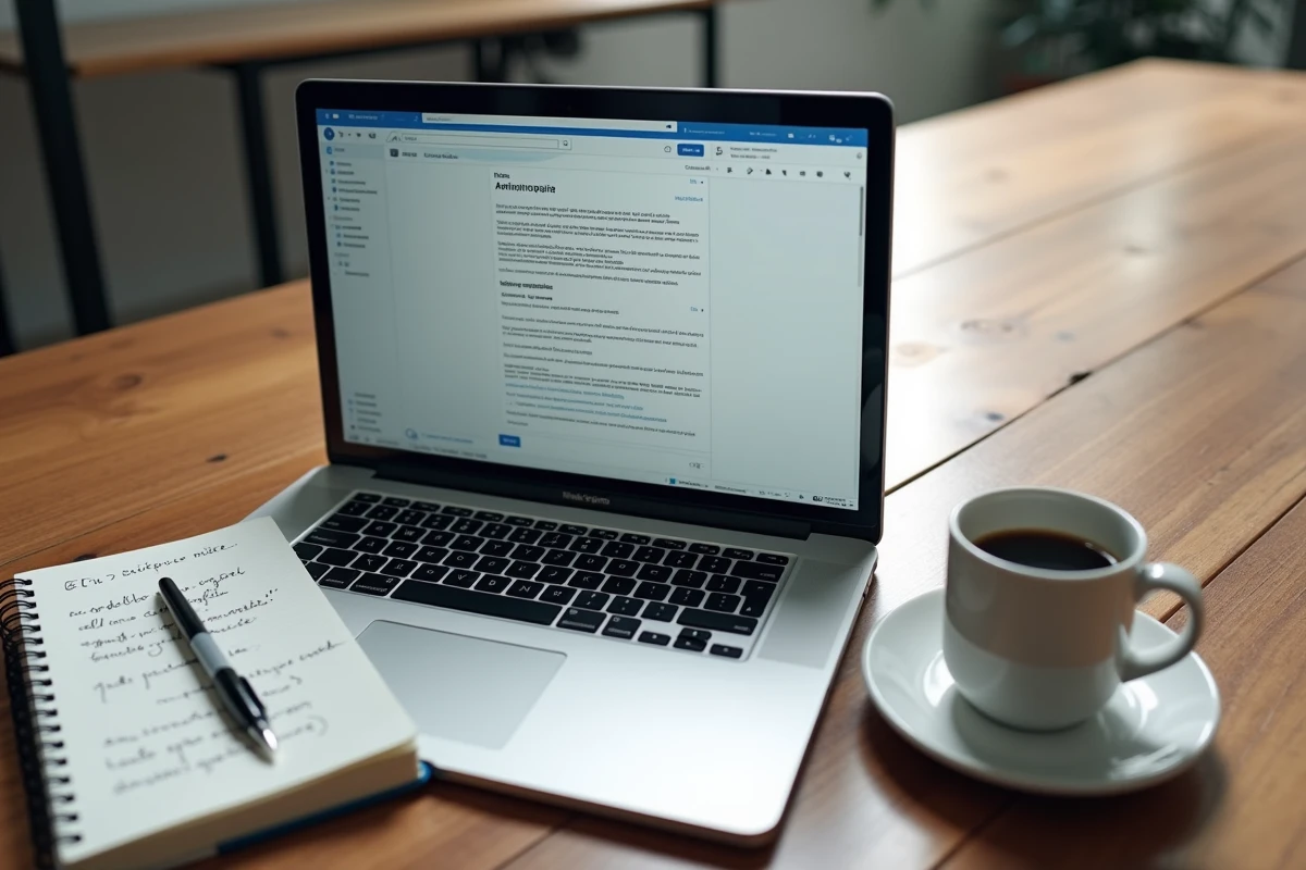 Écran d'ordinateur portable affichant la nouvelle interface du webmail Mel avec des notes manuscrites sur un bureau en bois