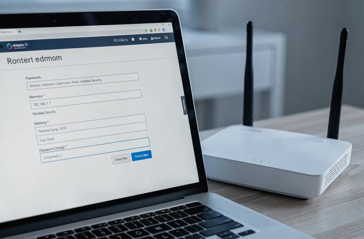 Écran d'ordinateur affichant la page de configuration du routeur à l'adresse 192.168.1.1 pour changer le mot de passe WiFi