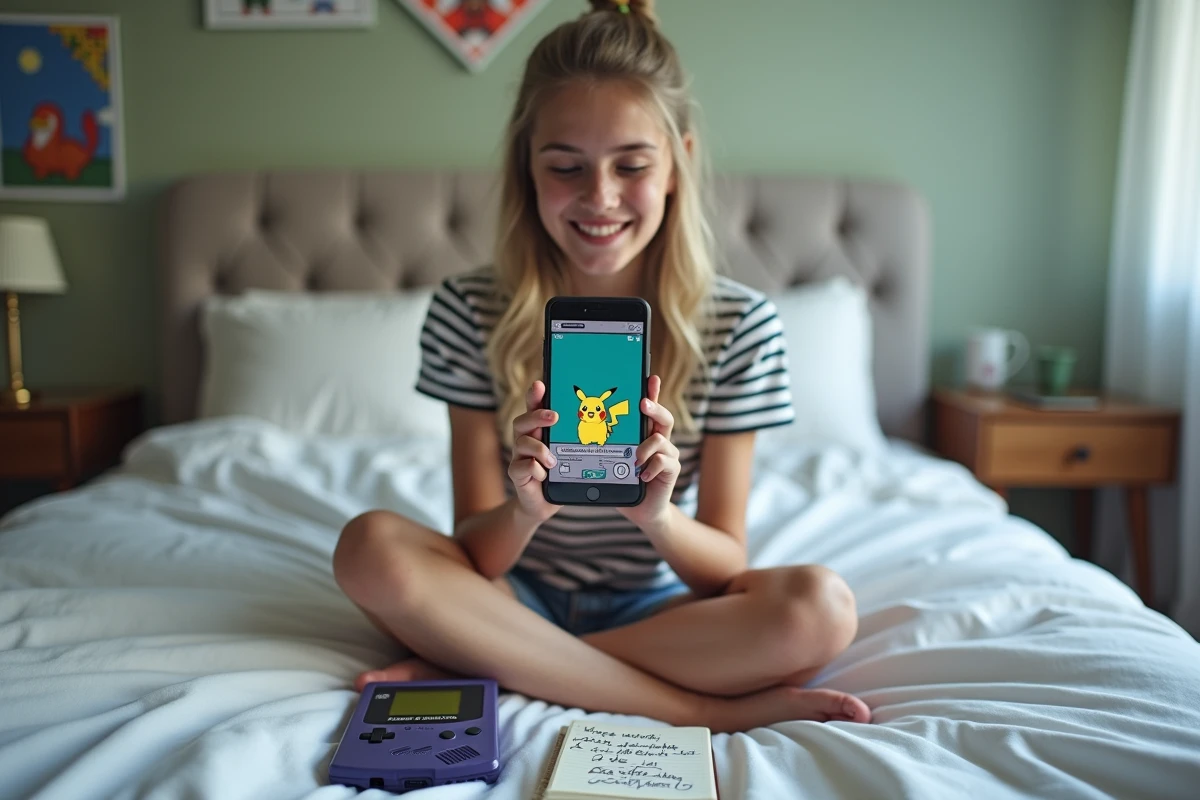 Adolescente jouant à un jeu Pokémon GBA en français sur émulateur smartphone dans sa chambre