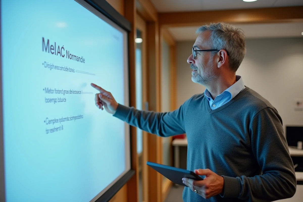 Enseignant devant tableau interactif dans la salle des professeurs