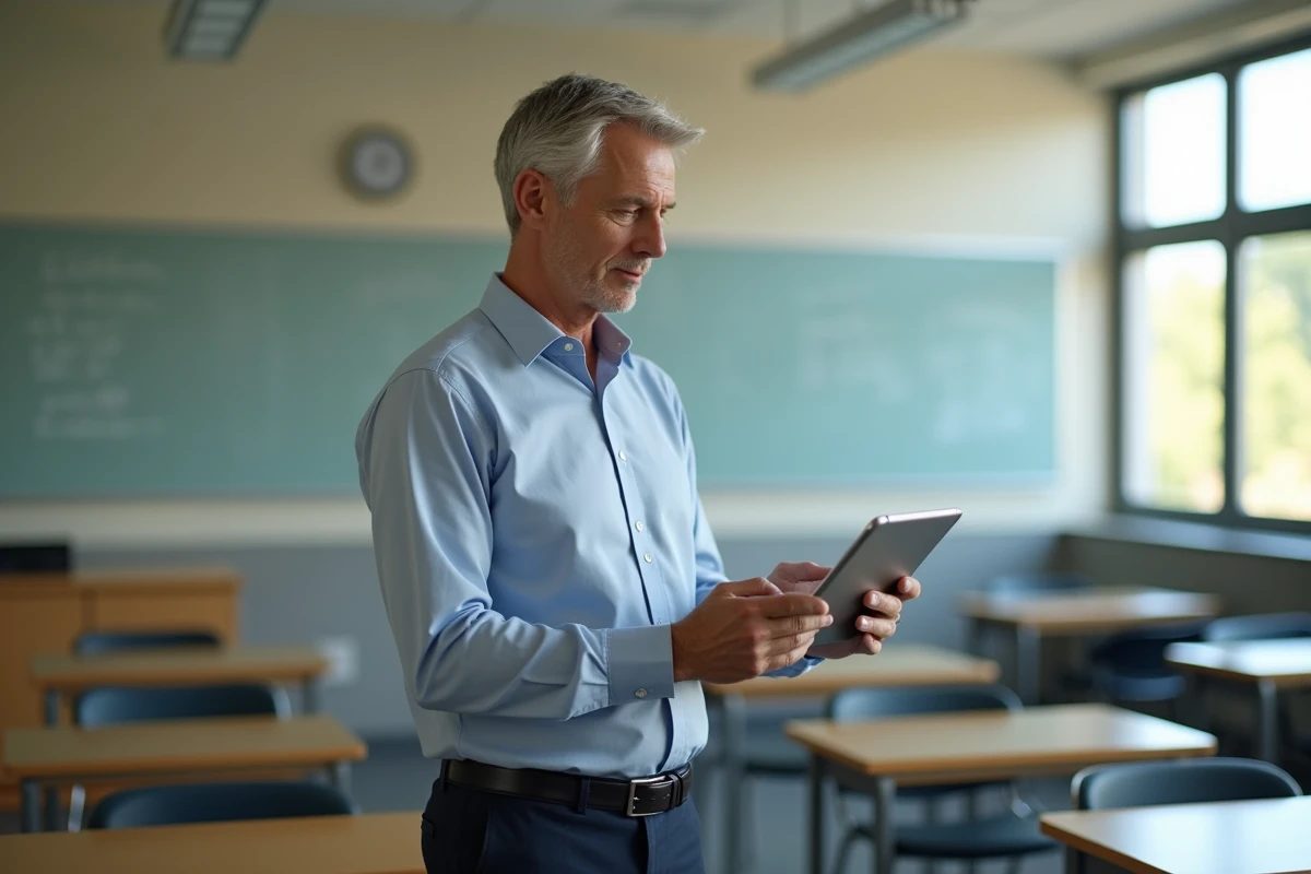 Enseignant accédant à son webmail académique Grenoble sur une tablette dans une salle de classe vide
