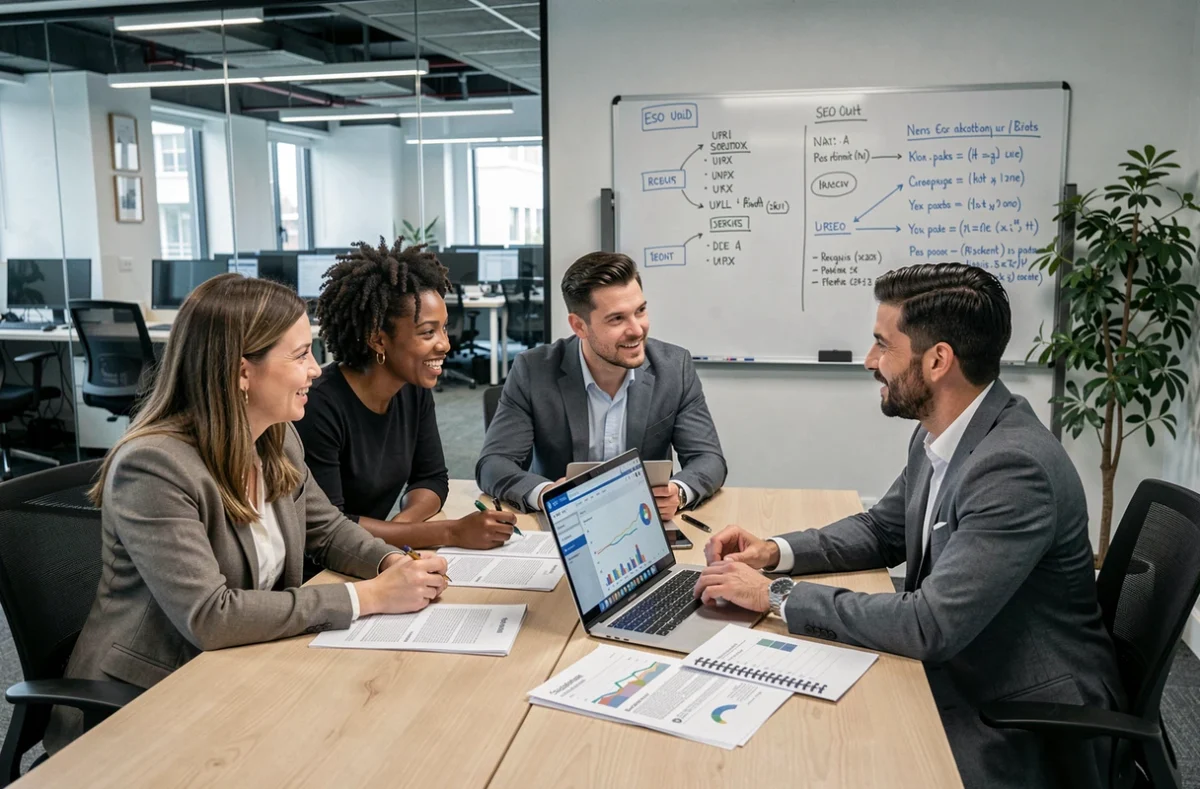 Équipe d'une agence SEO collaborant autour d'un audit Google lors d'une réunion stratégique en salle de conférence moderne