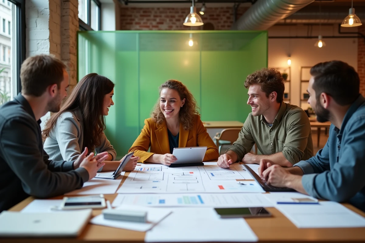 Jeunes professionnels en discussion dans un espace de coworking