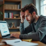 Homme frustré devant une erreur de connexion sur un service cloud depuis son bureau à domicile